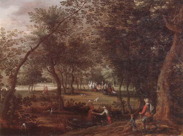 David Vinckboons A wooded river landscape with saint john the baptist preaching inthe distance oil painting picture